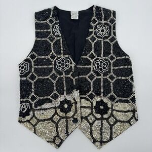 Vintage Beaded Sequins Vest Women's Small Black Silver Geometric Floral Party